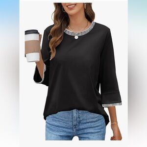 NWT 3/4 Sleeve Tops Dressy Casual Crew Neck Color Block Loose Trendy Blouses